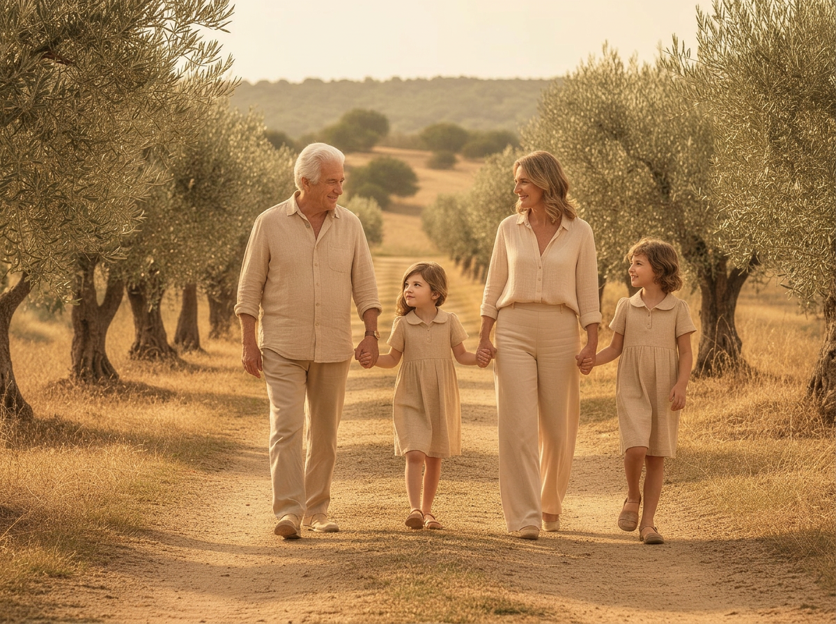 Tres generaciones caminando juntas entre olivos