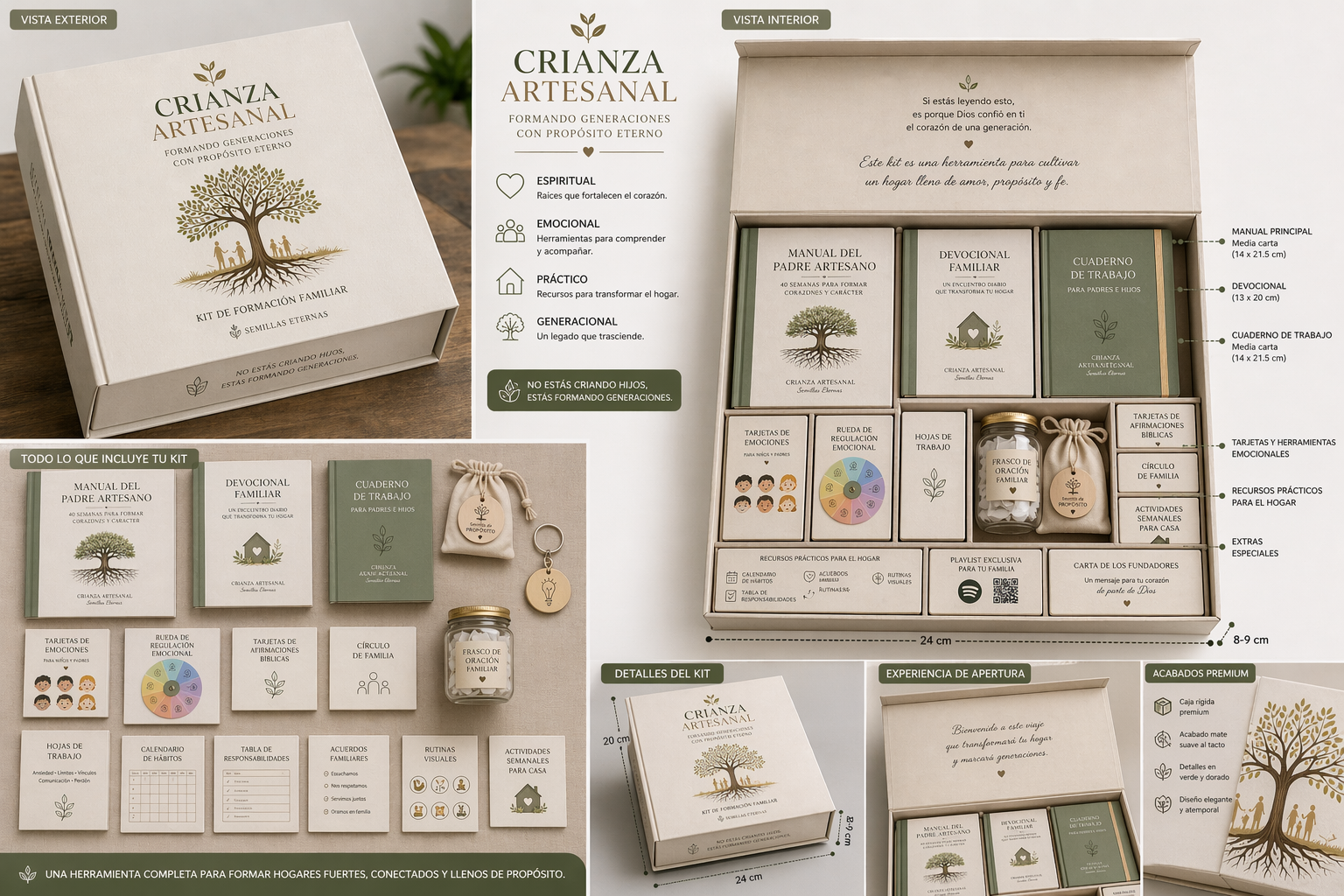 Vista interior del Kit Crianza Artesanal con manuales, devocional, cuaderno de trabajo y tarjetas